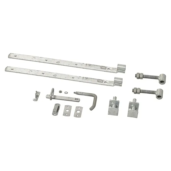 Plus Beschlag-Set für Einzeltore Skagen/Retro mit justierbaren Scharnieren - Stahl - Gartentor-Beschlagset aus verzinktem Stahl mit Bändern, Verriegelung und Scharnieren für eine robuste und langlebige Installation.