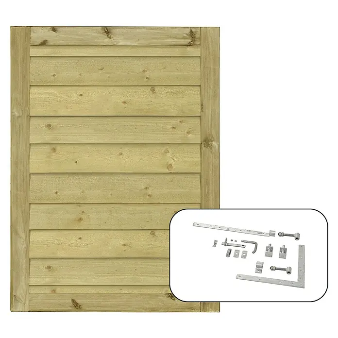 Plus Gartentor Klink - L x B x H: 125 x 100 x 4,4 cm, Kiefer, Natur - Abbildung einer Holztür mit Beschlägen, ideal für den Gartenbereich. Robuste Konstruktion und einfache Montage für mehr Sicherheit und Privatsphäre.