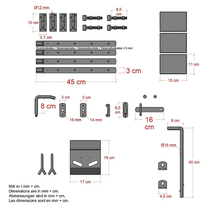 Plus Doppeltorbeschlag Skagen/Retro mit justierbarer Scharnieren - Stahl - Produktdiagramm mit den Abmessungen der verschiedenen Beschläge und Befestigungselemente für ein Tor oder eine Tür.