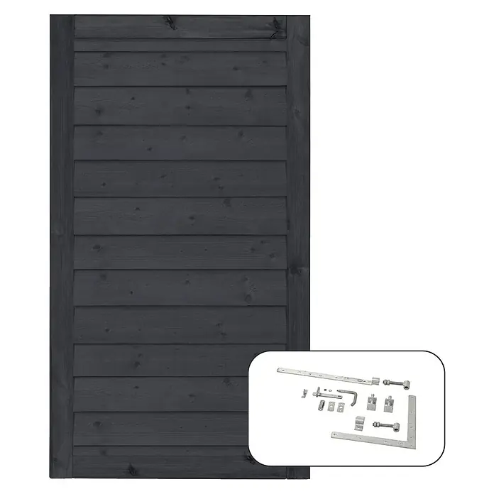 Plus Gartentor Klink Inkl. Beschläge - L x B x H: 163 x 100 x 4,4 cm, Kiefer, Schwarz RAL 9005 - Anthrazitfarbene Holztür mit horizontaler Bretterstruktur und einem Set silberner Beschläge für zusätzlichen Halt und Funktionalität.