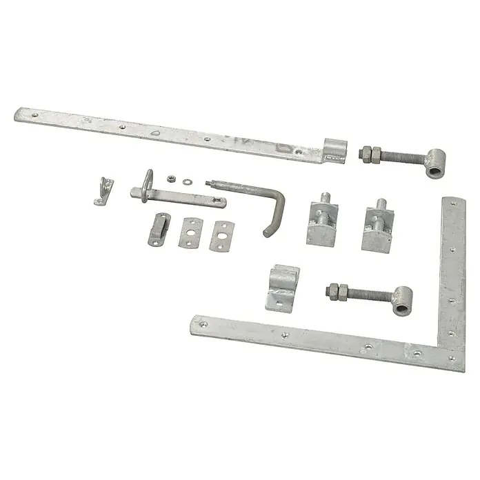 Plus Beschlag-Set für Einzeltür 70 mm - Stahl - Das Bild zeigt ein verzinktes Torset mit Torband, Kloben und einem Überwurfriegel, ideal für Gartentore und Zäune.