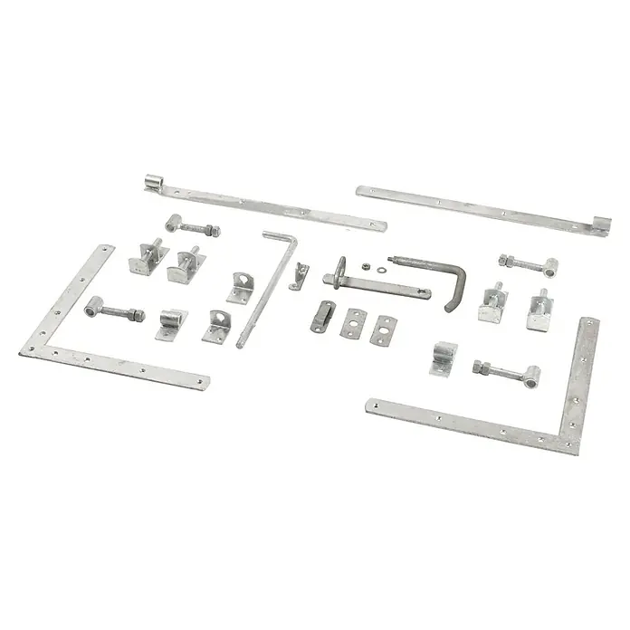 Plus Doppeltorbeschlag für Doppeltür 70 mm - Stahl - Set verzinkter Torbeschläge zur sicheren Befestigung und Bedienung von Toren. Umfasst verschiedene Beschläge für Stabilität und Funktionalität.