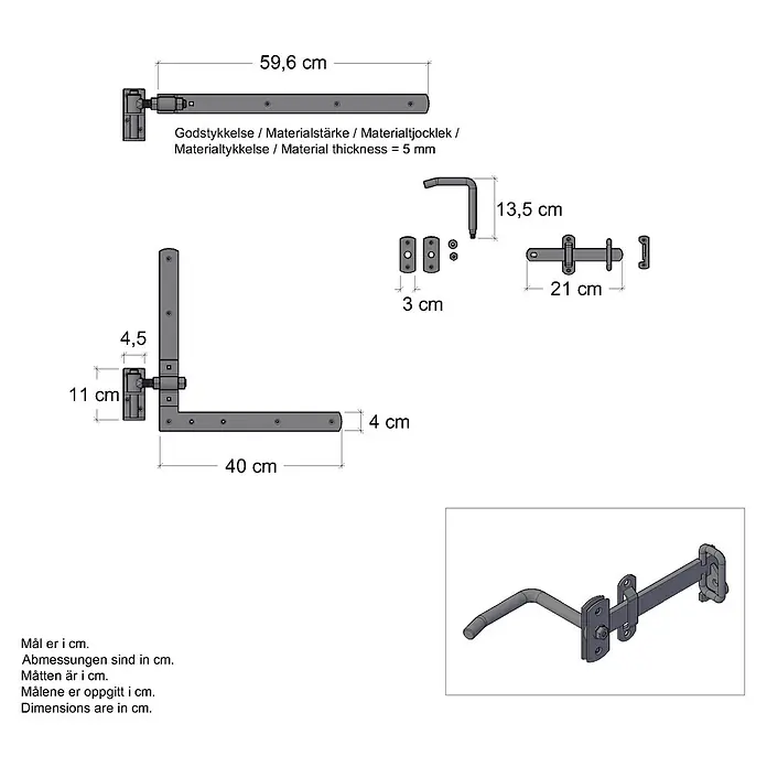 Plus Beschlag-Set für Einzeltür 70 mm - Stahl - Eine schematische Darstellung eines Torriegels mit Maßangaben in Zentimetern, die die Produktabmessungen veranschaulichen.