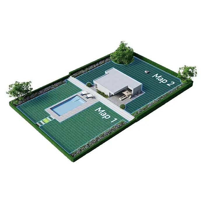 Dreame Mähroboter A1 Pro - 2.000 m², Schnittbreite: 22 cm, Laser-gestützte Navigation, LiDAR - Das Bild zeigt ein Grundstück mit Rasenflächen, aufgeteilt in "Map 1" und "Map 2", umgeben von einer Hecke. Ein Haus, Pool und Rasenmäher sind zu sehen.