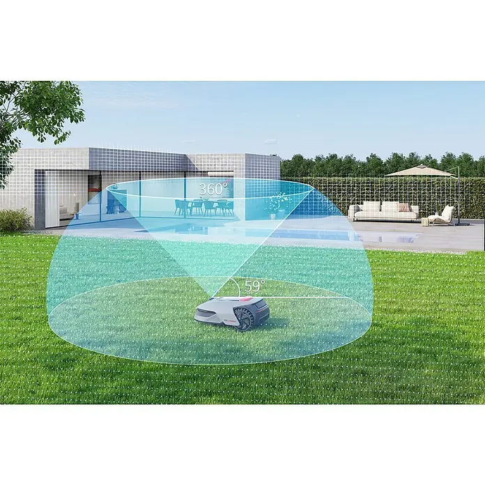 Dreame Mähroboter A1 Pro - 2.000 m², Schnittbreite: 22 cm, Laser-gestützte Navigation, LiDAR - Ein Rasenmähroboter mit 360°- und 59°-Sensoren, der auf einem Rasen vor einem modernen Haus steht, umgeben von Grünanlagen.