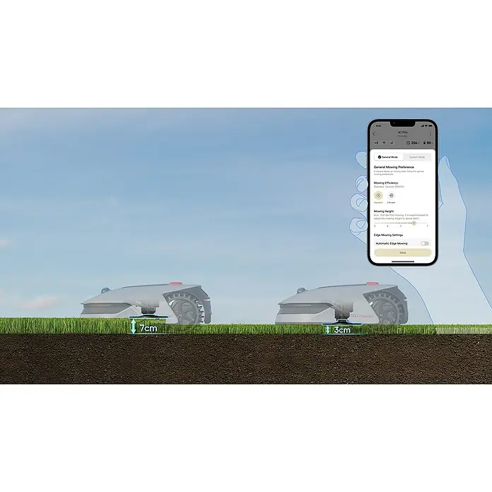 Dreame Mähroboter A1 Pro - 2.000 m², Schnittbreite: 22 cm, Laser-gestützte Navigation, LiDAR - Das Bild zeigt zwei Rasenmäherroboter und die zugehörige Smartphone-App, mit der die Schnitthöhe eingestellt werden kann.