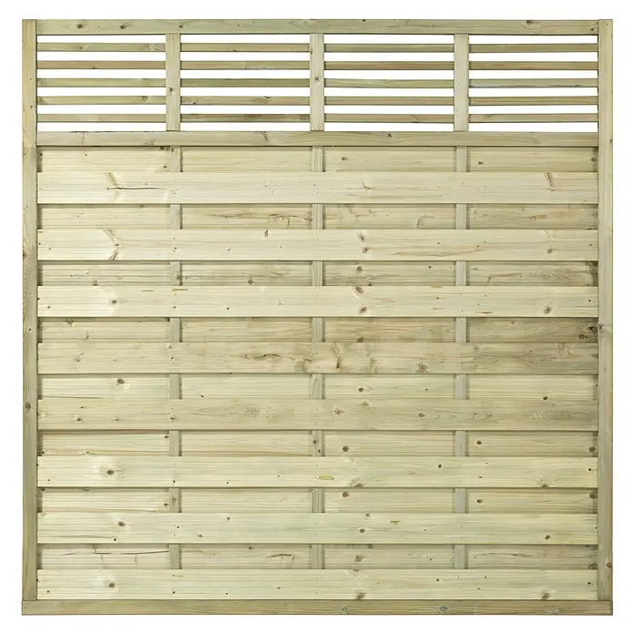 Plus Sichtschutzelement Newline - 180 x 180 cm, Natur - Der Holzzaun ist hell und besteht aus horizontalen Brettern, die kunstvoll miteinander verflochten sind, um Privatsphäre und Ästhetik zu bieten.