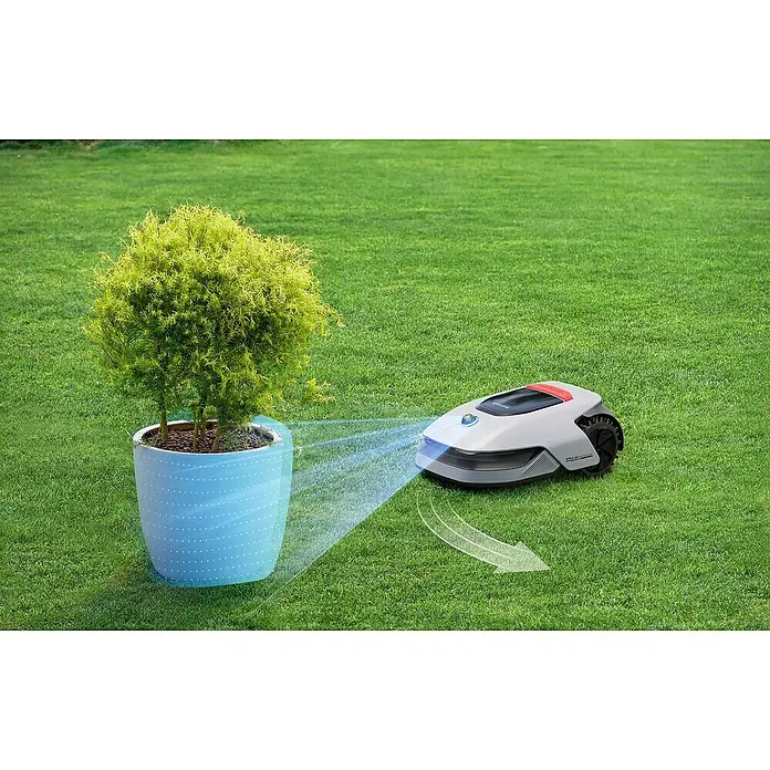 Dreame Mähroboter A1 Pro - 2.000 m², Schnittbreite: 22 cm, Laser-gestützte Navigation, LiDAR - Rasenmäher-Roboter weicht einem Blumentopf im Garten aus.