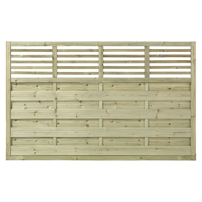 Plus Sichtschutzelement Newline - 180 x 110 cm, Natur - Nahaufnahme eines dekorativen Holzzauns mit horizontalen Brettern und offenen Lamellen im oberen Bereich.