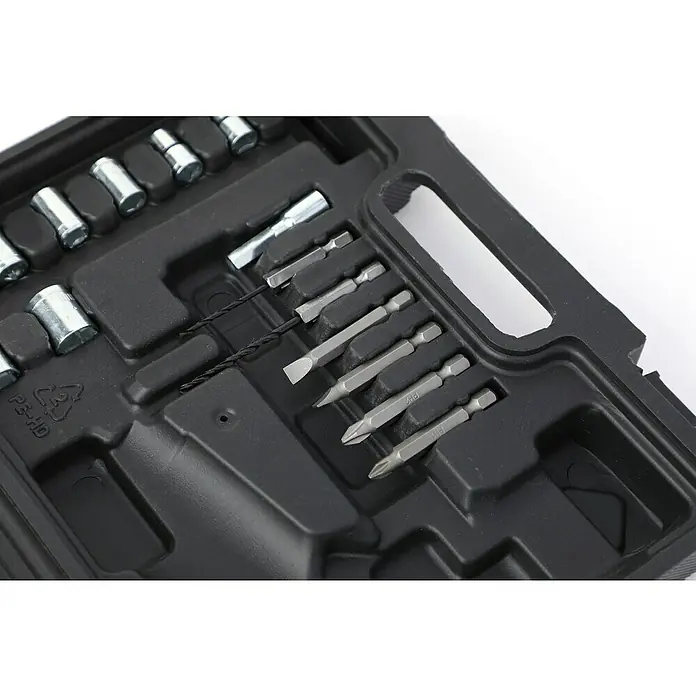 Fulmo Atornillador de batería - 3,6 V, 1 batería, 1,3 Ah, 3,5 Nm - Un estuche de herramientas de plástico negro contiene varias puntas de destornillador y vasos metálicos plateados, organizados para tareas de fijación.