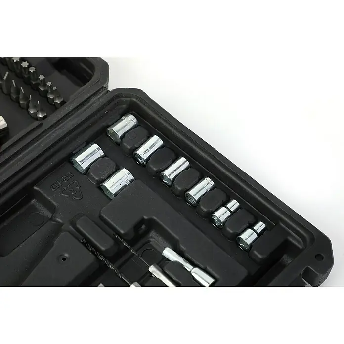 Fulmo Atornillador de batería - 3,6 V, 1 batería, 1,3 Ah, 3,5 Nm - Caja de herramientas negra con varias puntas de destornillador y brocas metálicas, incluyendo vasos, organizadas en un interior de plástico negro.
