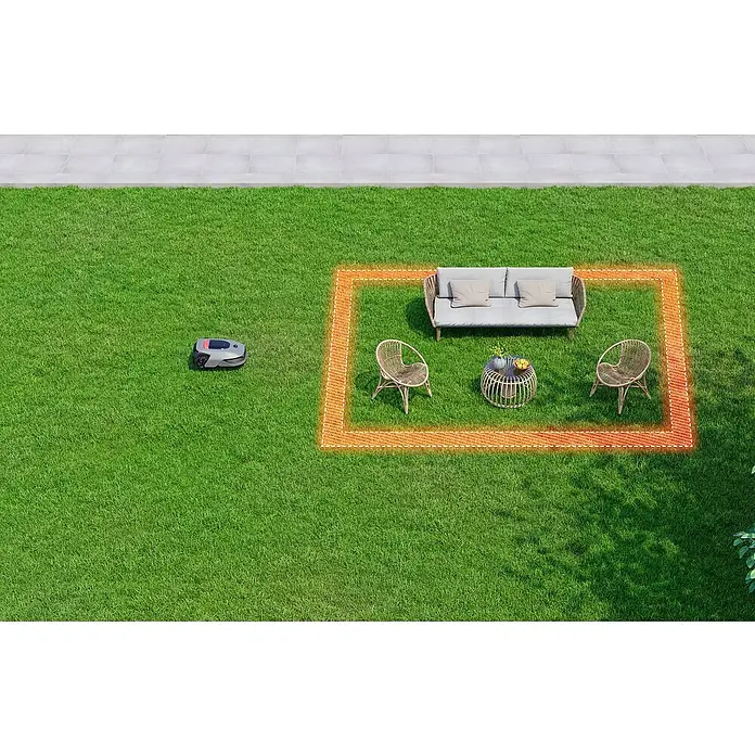 Dreame Mähroboter A1 Pro - 2.000 m², Schnittbreite: 22 cm, Laser-gestützte Navigation, LiDAR - Ein Rasenmähroboter navigiert auf einem grünen Rasen, umgeben von einem orangefarbenen Begrenzungskabel, das einen Loungebereich abgrenzt.