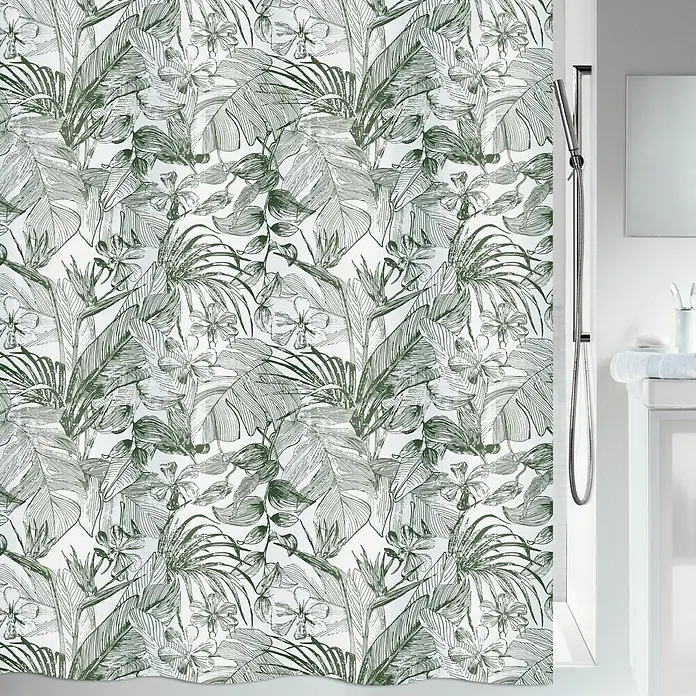 Spirella Cortina de baño Tropic - An x Al: 180 x 200 cm, Plástico, Verde - Cortina de ducha con estampado de hojas y flores tropicales en verde y blanco, que aporta un ambiente refrescante al baño.