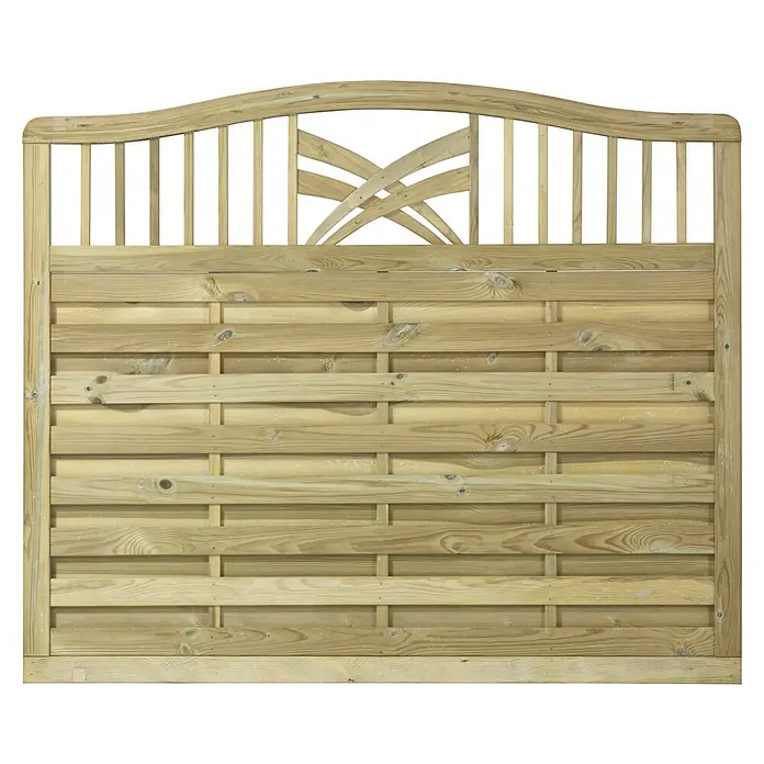 Plus Sichtschutzelement Rondo - 180 x 150 cm, Natur - Abgebildeter Holzzaun mit dekorativem Oberteil und horizontalen Brettern, ideal für den Garten.