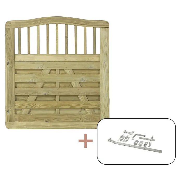 Plus Zauntor Rondo inkl. Beschläge - 100 x 107 cm, Natur, Holz - Abgebildet ist ein Gartentor-Set mit einem Holztor und zugehörigen Beschlägen, ideal zur stilvollen und sicheren Abgrenzung Ihres Gartens.