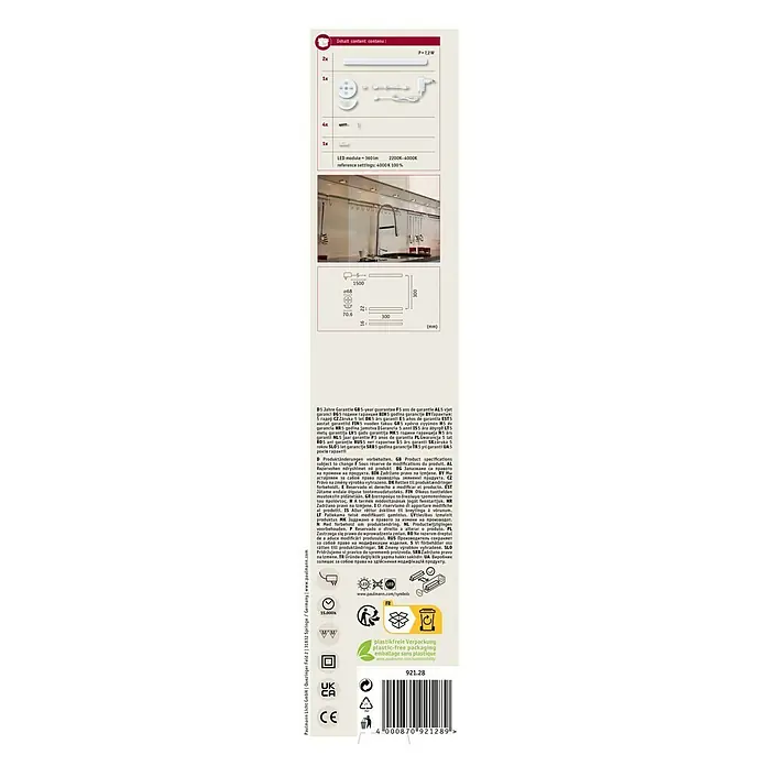 Paulmann LED-Unterbauleuchten-Set Barreo - L x B x H: 22 x 300 x 16 mm, Neutralweiß - Weißes lineares LED-Unterbauleuchtensystem mit zwei Modulen, Fernbedienung, Netzteil und Montagezubehör, auch in einer Küche dargestellt.