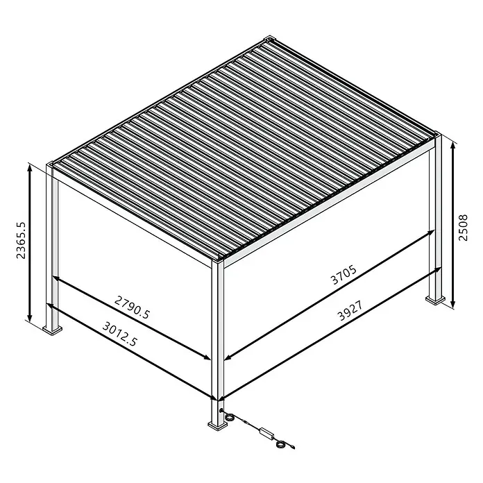 Sunfun Lamellenpavillon Korfu - B x T: 400 x 300 cm, Farbe Gestell: Anthrazit, Aluminium - Eine perspektivische Darstellung einer Terrassenüberdachung mit Maßangaben zu Höhe, Breite und Tiefe des Modells.