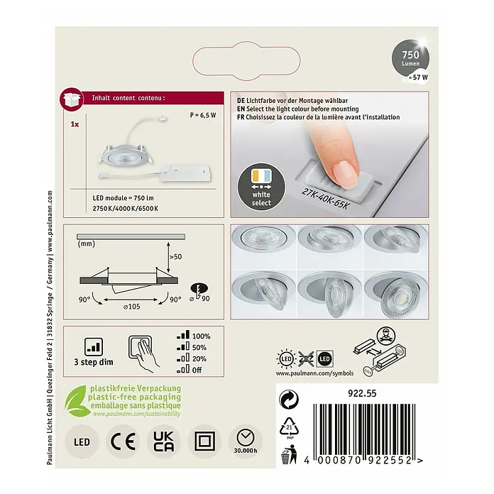Paulmann LED-Einbauspot - Warmweiß, Durchmesser: 10,5 cm, Chrom matt, 1 Stk. - Produktverpackung für eine Paulmann LED-Einbauleuchte mit Farbwahl und Dimmfunktion.