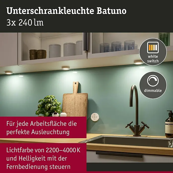 Paulmann LED-Unterbauleuchten-Set - Warmweiß, 3 Stk., Ø x H: 70 x 15 mm, Weiß - Drei Unterschrankleuchten beleuchten eine Küchenarbeitsplatte, dimmbar und mit einstellbarer Lichtfarbe per Fernbedienung.