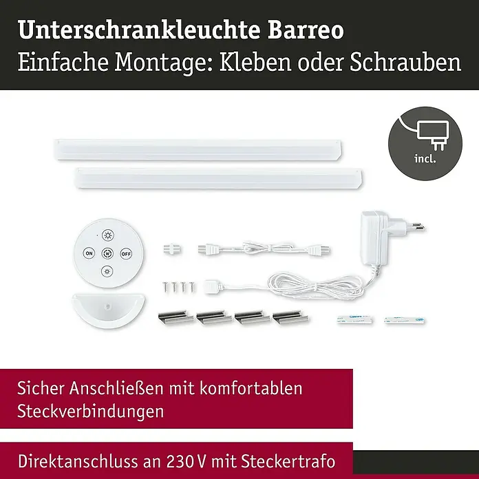Paulmann LED-Unterbauleuchten-Set Barreo - L x B x H: 22 x 300 x 16 mm, Neutralweiß - Weißes Unterschrankleuchten-Set Barreo mit zwei LED-Leisten, Fernbedienung, Netzteil, Verbindungskabeln und Montagezubehör zur einfachen Installation.