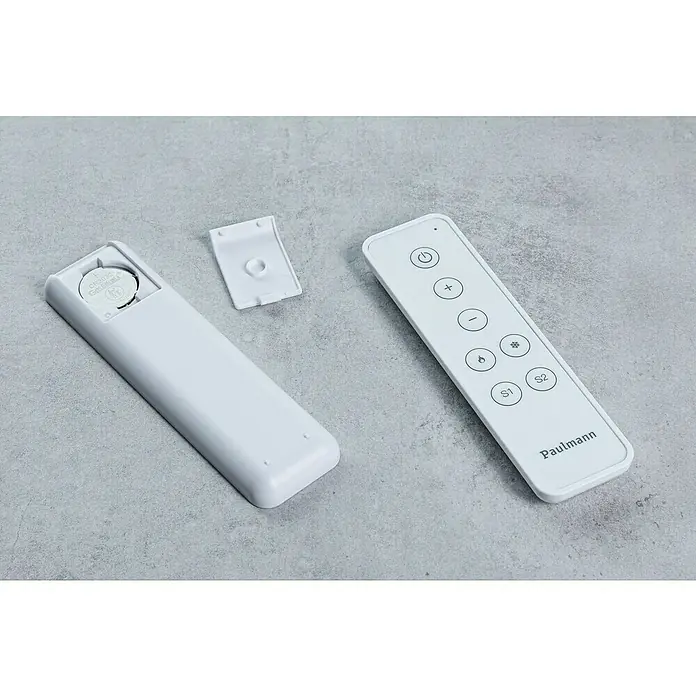 Paulmann Smart Home ZigBee Fernbedienung - L x B x H: 12,5 x 3,5 x 1 cm, Weiß - Das Bild zeigt zwei weiße Paulmann-Fernbedienungen, eine mit offenem Batteriefach und die andere mit verschiedenen Tasten.
