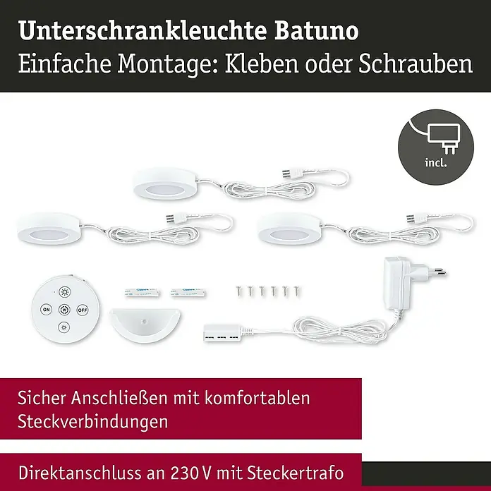Paulmann LED-Unterbauleuchten-Set - Warmweiß, 3 Stk., Ø x H: 70 x 15 mm, Weiß - Weißes Unterschrankleuchten-Set: 3 runde LED-Leuchten, Fernbedienung, Netzteil, Kabel, Schrauben und Klebepads zur einfachen Montage.