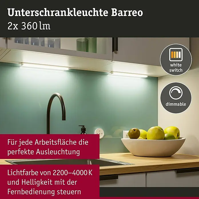 Paulmann LED-Unterbauleuchten-Set Barreo - L x B x H: 22 x 300 x 16 mm, Neutralweiß - Zwei weiße, dimmbare LED-Unterbauleuchten für die Küche mit einstellbarer Lichtfarbe.