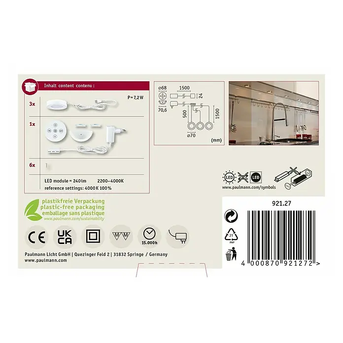 Paulmann LED-Unterbauleuchten-Set - Warmweiß, 3 Stk., Ø x H: 70 x 15 mm, Weiß - Weißes LED-Unterbauleuchten-Set mit Fernbedienung, Netzteil und drei Leuchten. Dimmbar und farbverstellbar.