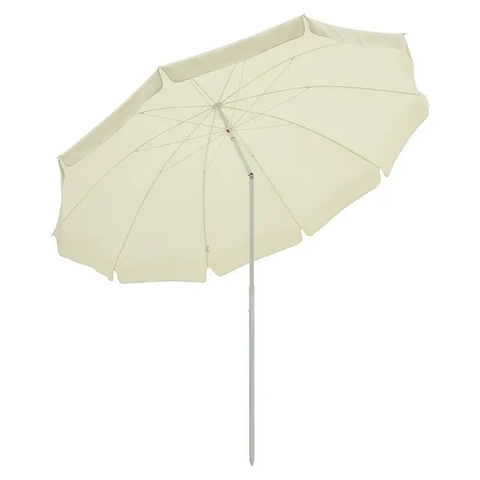 Sunfun Balkonschirm rund Provence II - Natur, Durchmesser Bespannung: 250 cm - Ein cremefarbener Sonnenschirm mit weißem Gestell und einem spitzen Ende, ideal für sonnige Tage im Freien.
