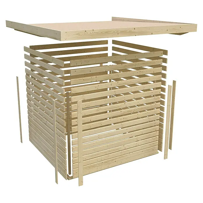 Karibu Gartenhaus Schwandorf 5Außenmaß inkl. Dachüberstand (B x T): 529,5 x 262 cm, Holz, Natur, Mit Anbaudach - Illustration eines Holzgartenhauses im Bausatzformat, das die modulare Konstruktion und die einfache Montage hervorhebt.