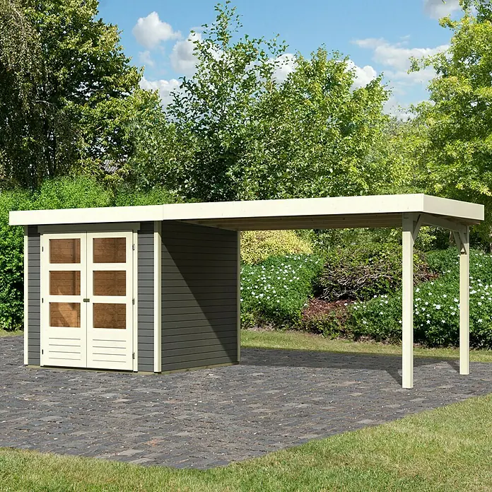 Karibu Gartenhaus Askola 2 - Außenmaß inkl. Dachüberstand (B x T): 504,5 x 238 cm, Holz, Terragrau, Mit Anbaudach - Moderne Gartenlaube mit integriertem Schuppenbereich, ideal für Gartengeräte und als Unterstand im Freien.