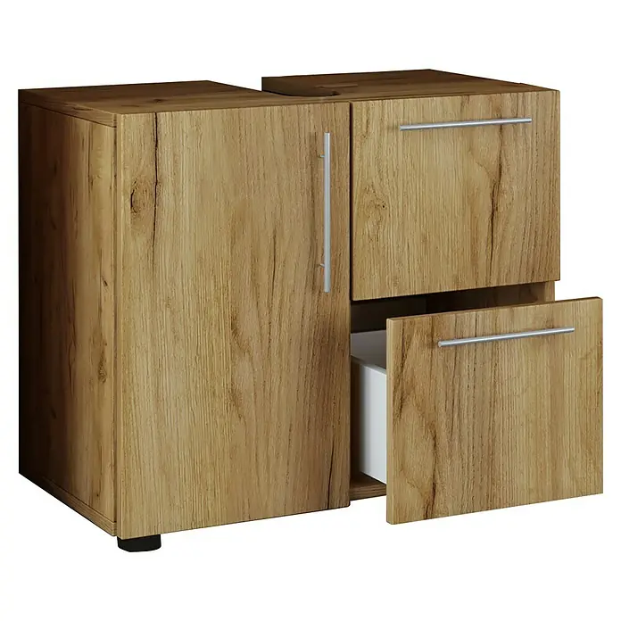 VCM Flandu Waschtischunterschrank - B x T x H: 61 x 32 x 51 cm, Honig-Eiche, Matt - Ein Badezimmerschrank in Holzoptik mit mehreren Fächern und silbernen Griffen, ideal für die Aufbewahrung im Bad.