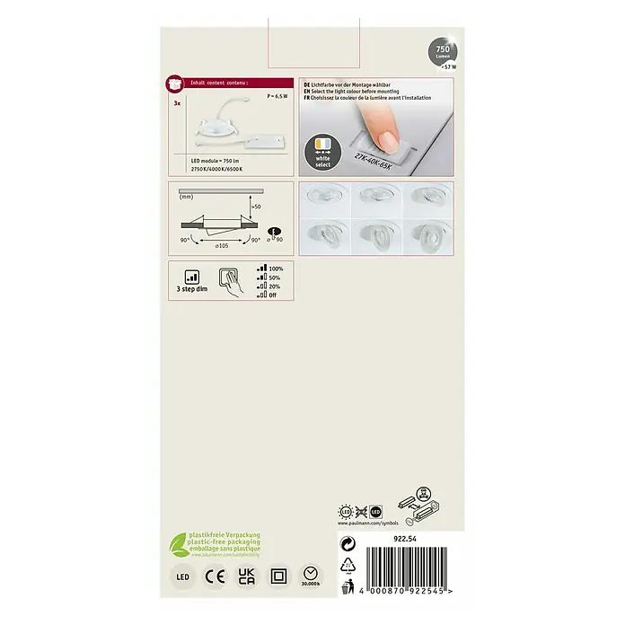 Paulmann LED-Einbauspot - Warmweiß, Durchmesser: 10,5 cm, Weiß, 3 Stk. - Informationen zum Paulmann LED-Modul: 750 Lumen, 2750K/4000K/6500K, 3er-Pack, dimmbar, Farbwahl vor Montage.