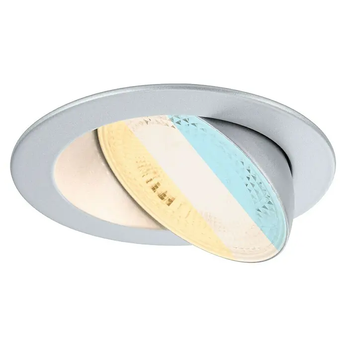 Paulmann LED-Einbauspot - Warmweiß, Durchmesser: 10,5 cm, Chrom matt, 1 Stk. - Nahaufnahme einer schwenkbaren LED-Einbauleuchte mit verschiedenen Farbtemperaturen. Elegantes Design für moderne Innenräume.