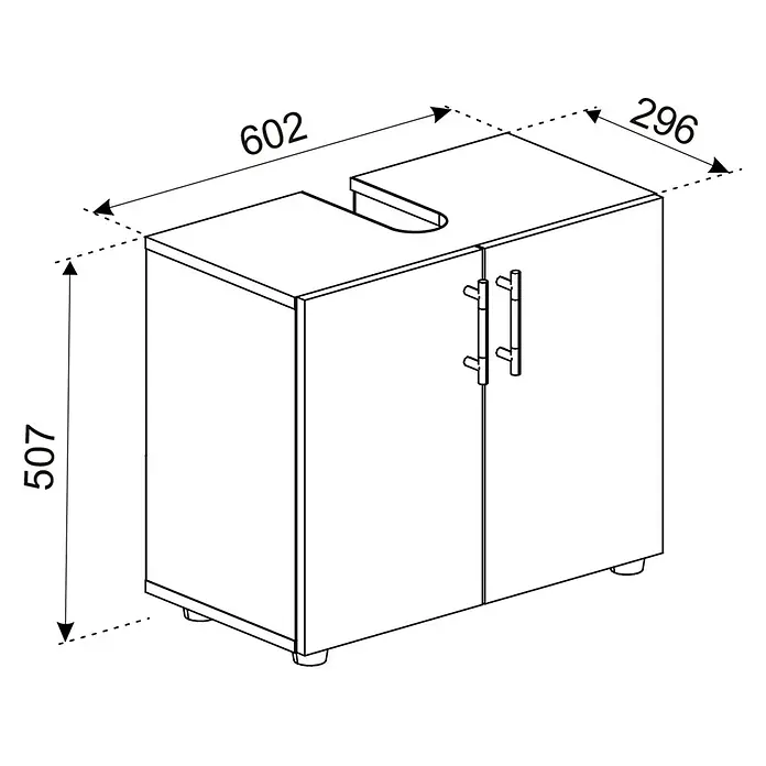 VCM Flandu II Waschtischunterschrank - B x T x H: 60,2 x 29,6 x 50,7 cm, Weiß/Schwarz, Matt - Bild einer Waschbeckenunterschrank mit den Maßen 602 x 296 x 507 mm. Praktische Badmöbel zur stilvollen Aufbewahrung.