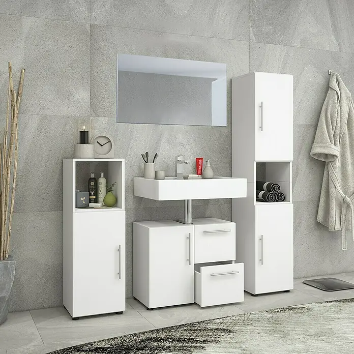 VCM Flandu Badmöbel-Set - Mit Spiegel, Gesamtbreite Badmöbel: 123 cm, Matt, 4 -tlg., Weiß - Ein elegantes Badezimmer-Set in Weiß mit Waschtisch, Spiegel und praktischen Aufbewahrungsschränken für ein stilvolles Ambiente.