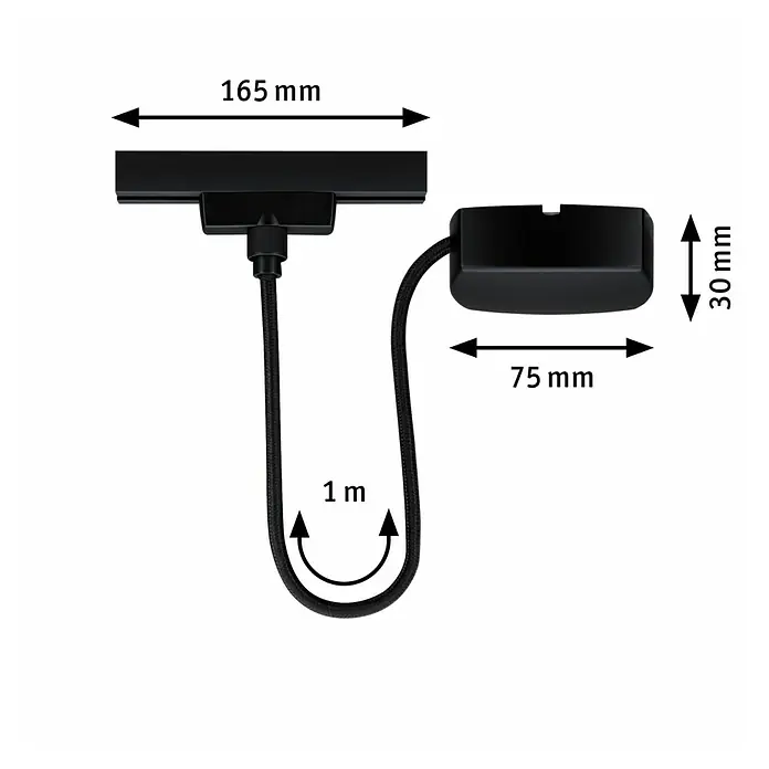 Paulmann URail Stromeinspeisung - 100 cm, 100 W, Schwarz matt, Inkl. Endkappe - Produktbild eines schwarzen LED-Schreibtischleuchte mit den Maßen 165 mm Breite, 75 mm Länge und 30 mm Höhe, sowie einer 1 m Kabellänge.