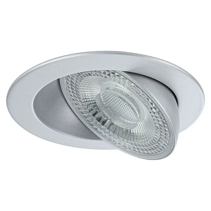 Paulmann LED-Einbauspot - Warmweiß, Durchmesser: 10,5 cm, Chrom matt, 3 Stk. - Nahaufnahme eines verstellbaren, runden LED-Deckeneinbaustrahlers mit silberfarbenem Rahmen und strukturierter, klarer Linse.