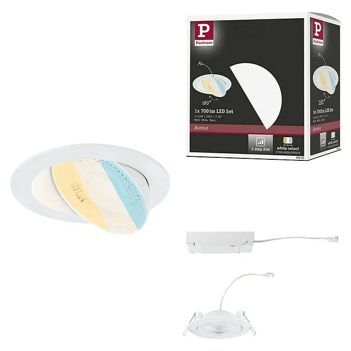 Paulmann LED-Einbauspot - Warmweiß, Durchmesser: 10,5 cm, Weiß, 1 Stk. - Produktbild der Paulmann Aumus LED Einbauleuchte, mit der Möglichkeit der Farbtemperaturwahl, inklusive Verpackung.