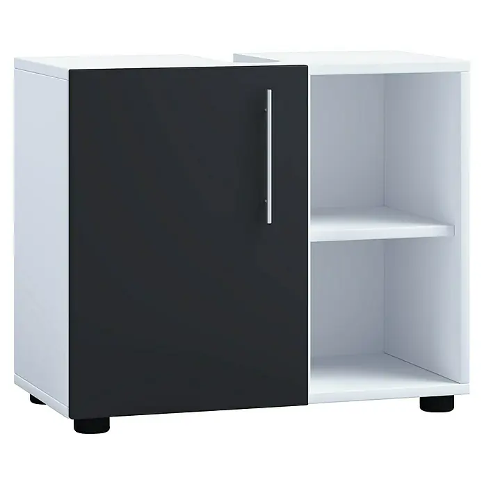 VCM Flandu III Waschtischunterschrank - B x T x H: 60,2 x 29,6 x 50,7 cm, Weiß/Schwarz, Matt - Ein modernes Sideboard in Weiß und Anthrazit mit einer Tür und zwei offenen Regalfächern zur stilvollen Aufbewahrung.