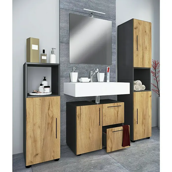 VCM Flandu Badmöbel-Set - Mit Spiegel, Gesamtbreite Badmöbel: 123 cm, Matt, 4 -tlg., Anthrazit/Honig-Eiche - Ein Badezimmer-Set mit Waschtischunterschrank, Seitenschrank und Hochschrank in modernem Design mit Holzoptik.
