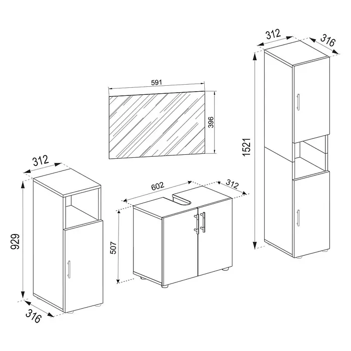 VCM Flandu II Badmöbel-Set - Gesamtbreite Badmöbel: 122 cm, Weiß, Matt, 4 -tlg. - Abbildung einer Badezimmereinrichtung mit Waschtisch, Spiegelschrank und Hochschrank mit präzisen Maßangaben für die Badplanung.