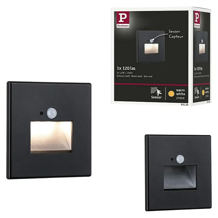 Paulmann LED-Wandstrahler - 2,2 W, L x B x H: 4,2 x 8 x 8 cm, Schwarz, Warmweiß - Bild einer Paulmann Treppenleuchte mit Bewegungsmelder, modernes Design für den Innen- und Außenbereich, stilvolle Beleuchtungslösung.