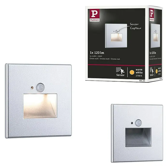 Paulmann LED-Wandstrahler - 2,2 W, L x B x H: 4,2 x 8 x 8 cm, Chrom matt, Warmweiß - Das Paulmann Wandeinbauleuchte-Set mit Sensor, 1,2W, 120lm, warmweißem Licht (2700K) und Chrom-mattem Finish für stilvolle Beleuchtung.