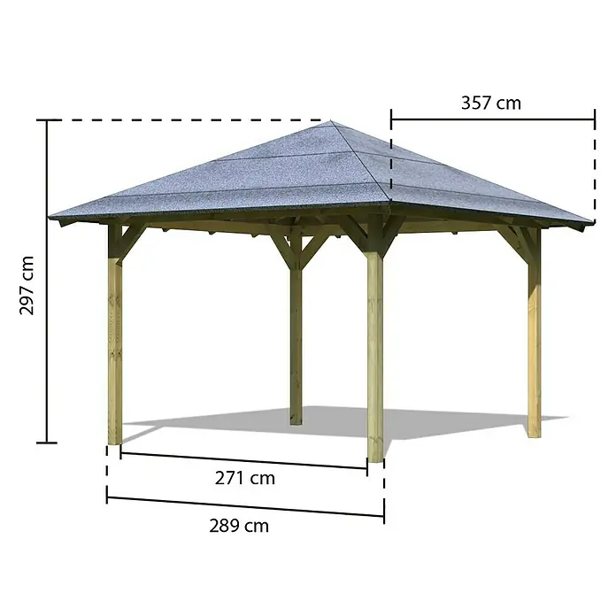 Karibu Pavillon Cordoba - 357 x 297 cm, Schiefergrau, Natur - Abbildung eines Gartenpavillons mit Maßangaben. Die Maße betragen 271 cm, 289 cm, 297 cm und 357 cm.