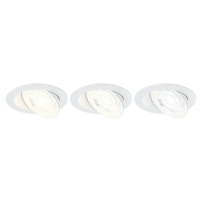 Paulmann LED-Einbauspot - Warmweiß, Durchmesser: 10,5 cm, Weiß, 1 Stk. - Diese Aufnahme zeigt eine Nahaufnahme von drei drehbaren weißen Deckeneinbauleuchten, die ein modernes und minimalistisches Design aufweisen.