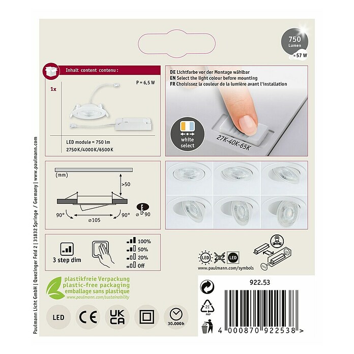 Paulmann LED-Einbauspot (Warmweiß, Durchmesser: 10,5 cm, Weiß, 1 Stk.) | BAUHAUS