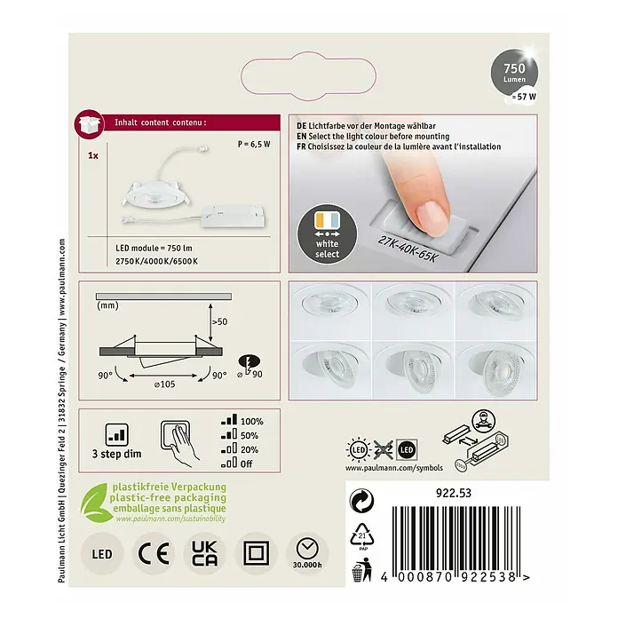 Paulmann LED-Einbauspot - Warmweiß, Durchmesser: 10,5 cm, Weiß, 1 Stk. - Abbildung einer LED-Lampe mit Dimmfunktion, Farbauswahl und Montageanleitung für eine einfache Installation.