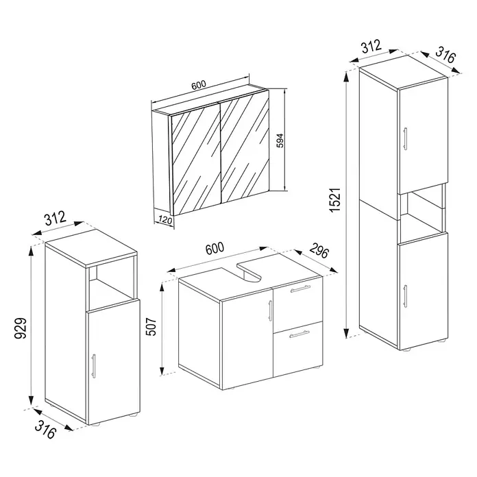 VCM Flandu Badmöbel-Set - Mit Spiegelschrank, Gesamtbreite Badmöbel: 123 cm, Weiß/Honig-Eiche, Matt, 4 -tlg. - Eine skizzenhafte Darstellung eines Badezimmermöbelsets mit Unterschrank, Hochschrank und Spiegelschrank mit Maßangaben.