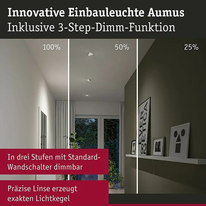 Paulmann LED-Einbauspot - Warmweiß, Durchmesser: 10,5 cm, Chrom matt, 3 Stk. - Aumus Einbauleuchte mit 3-Step-Dimm-Funktion, die in drei Stufen mit einem Wandschalter dimmbar ist und einen präzisen Lichtkegel erzeugt.